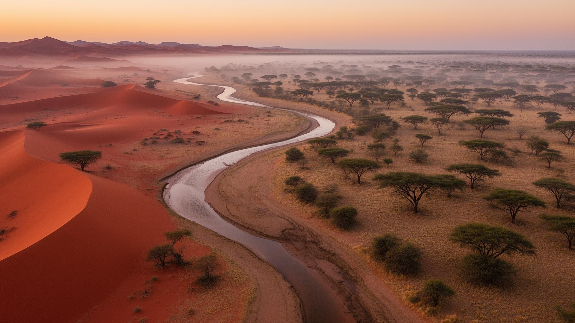 Aerial view of the Namibian Kalahari ecosystem at dawn